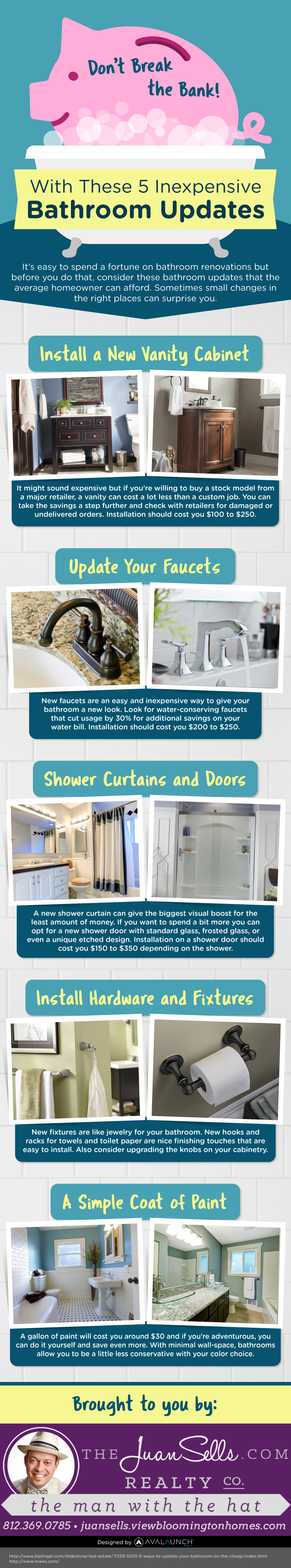 Describes inexpensive bathroom updates including installing a new vanity, updating your faucets, buying a new shower curtain, installing new fixtures, and repainting.