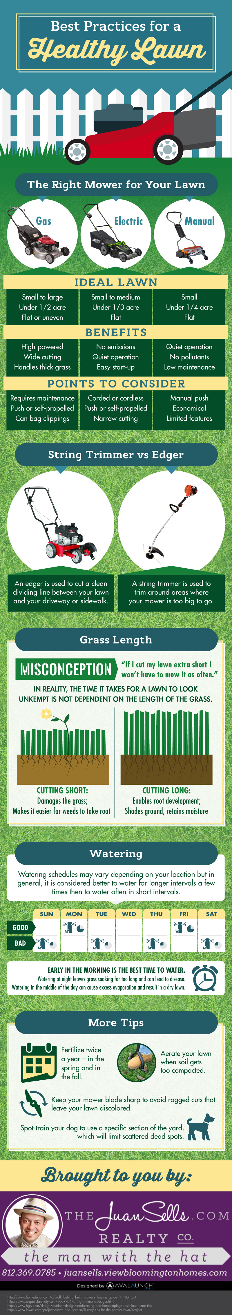 Best practices for a healthy lawn include finding the right mower, not cutting the grass too short, and watering it twice a week.